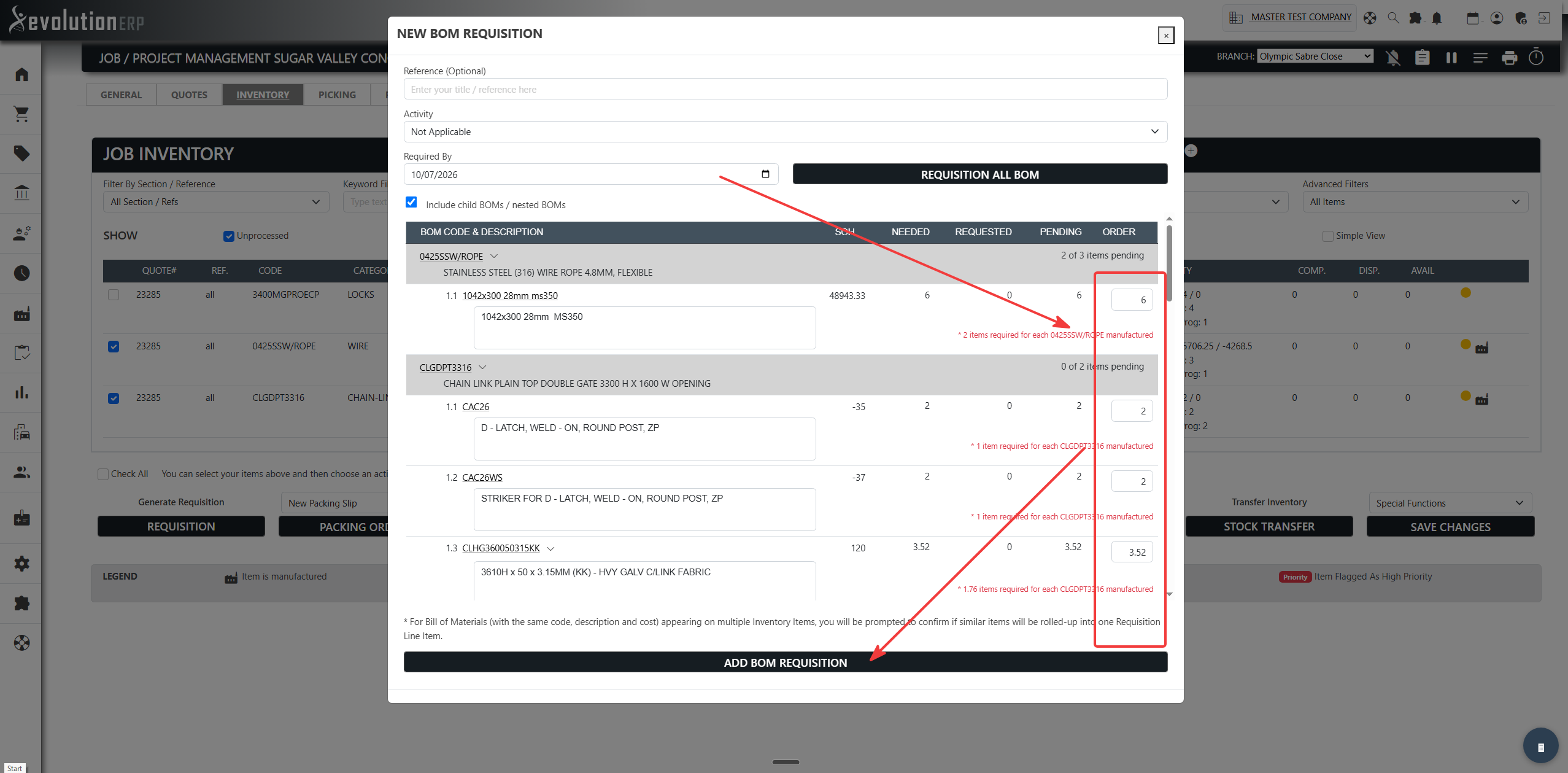 Enter Order quantities (or use Requisition All BOM), then click Add BOM Requisition.