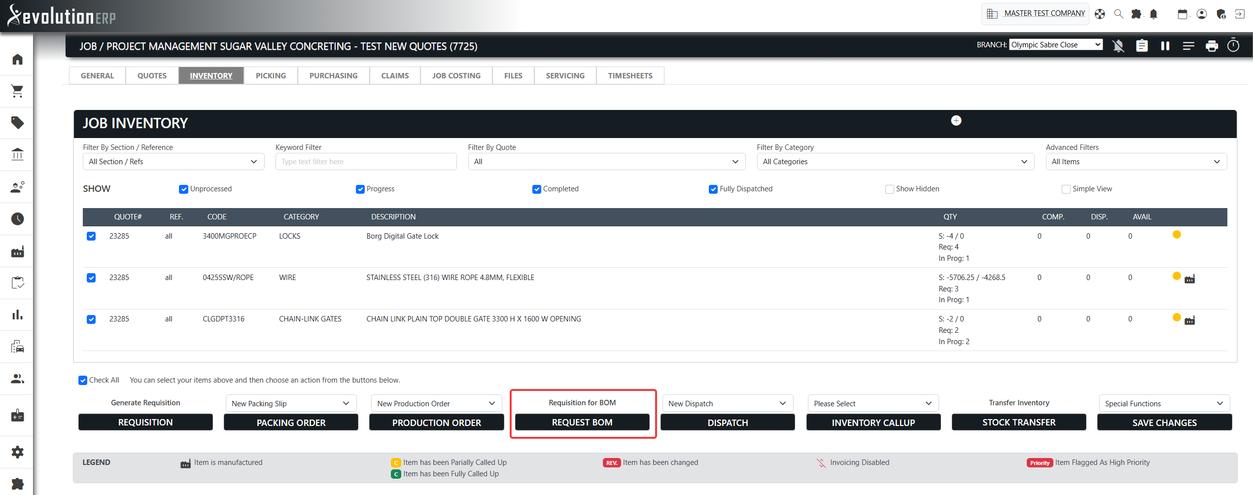 The project Inventory tab: tick the manufactured items you want to order materials for, then click Request BOM under “Requisition for BOM”.
