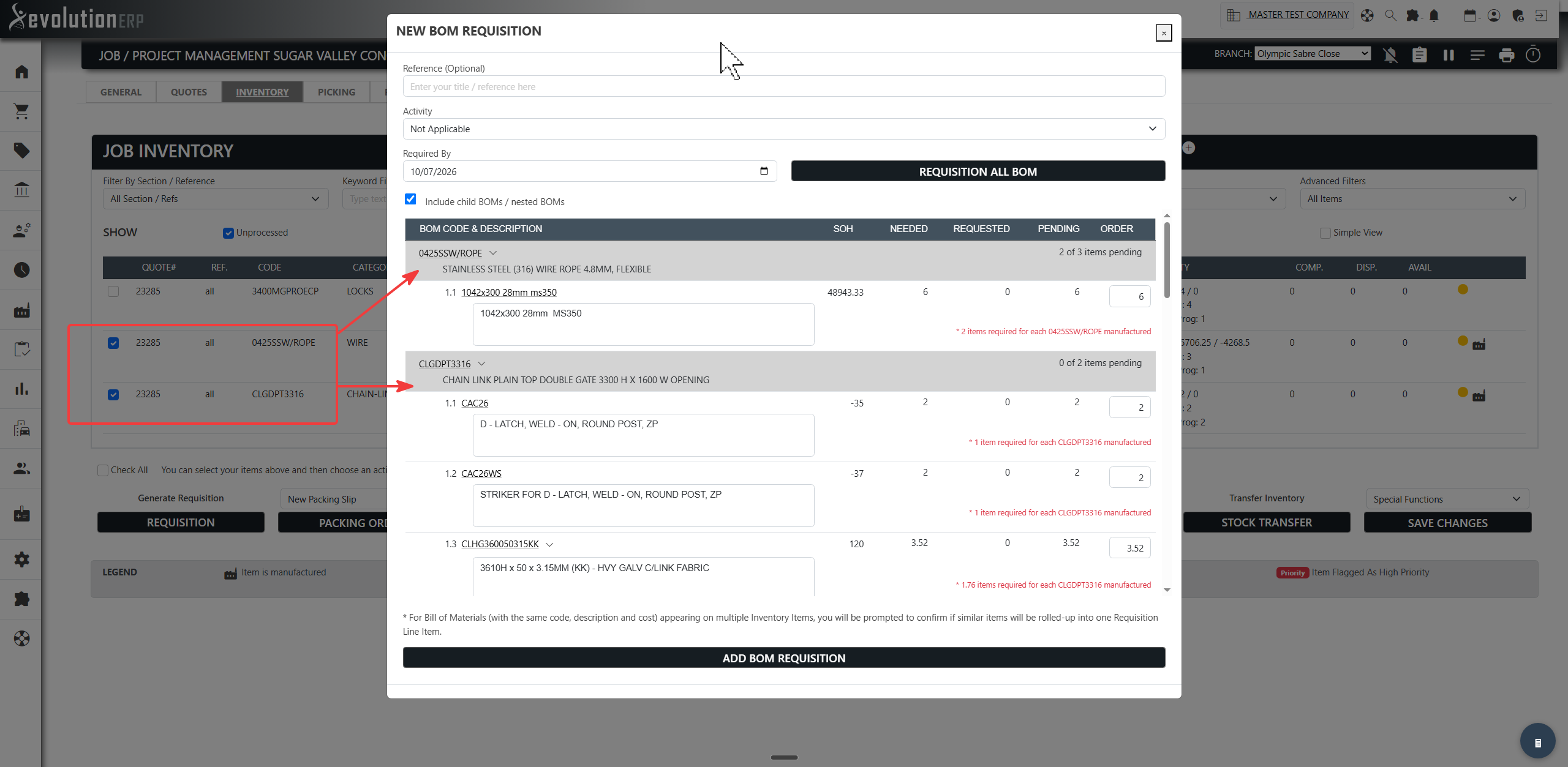 The New BOM Requisition window: each selected item is a heading, with its raw materials and nested sub-assemblies listed and indented beneath it.