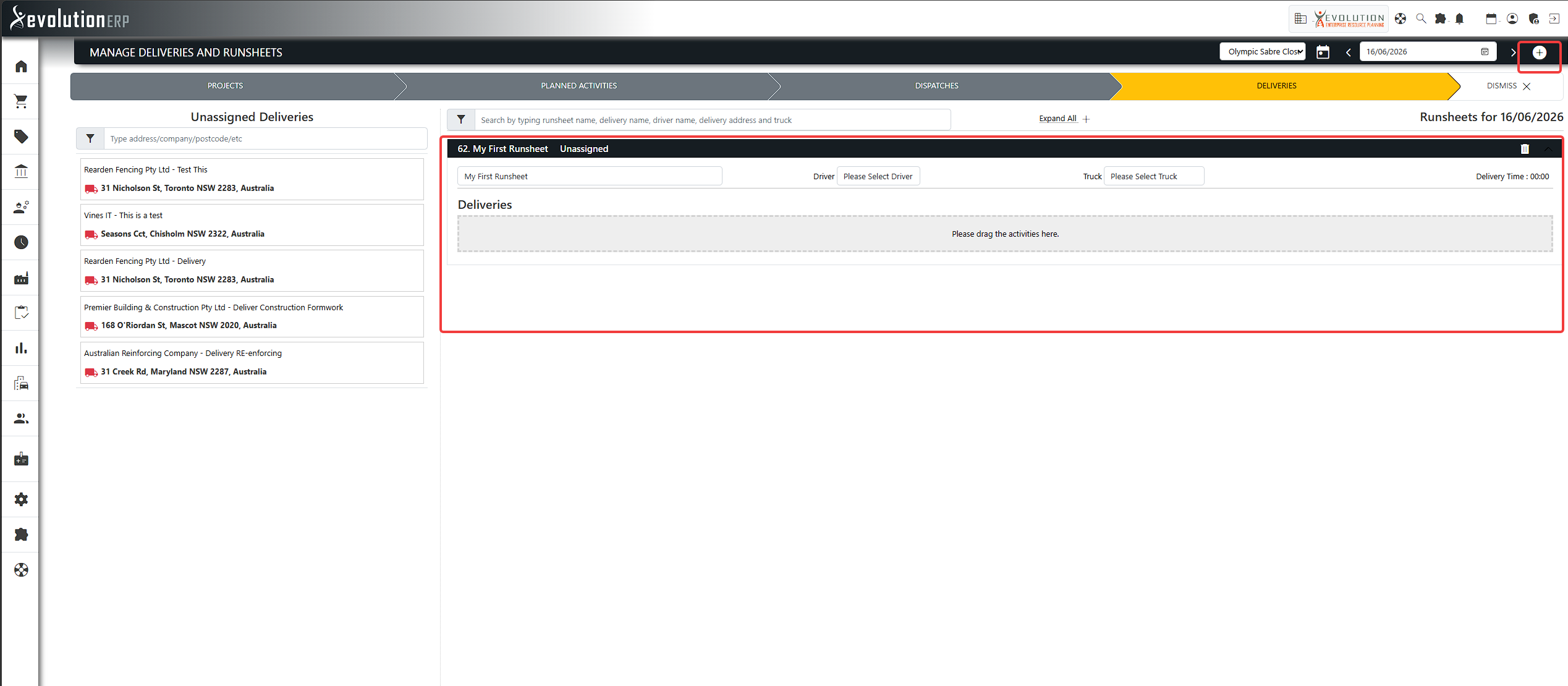 A newly created, empty runsheet ready for deliveries.