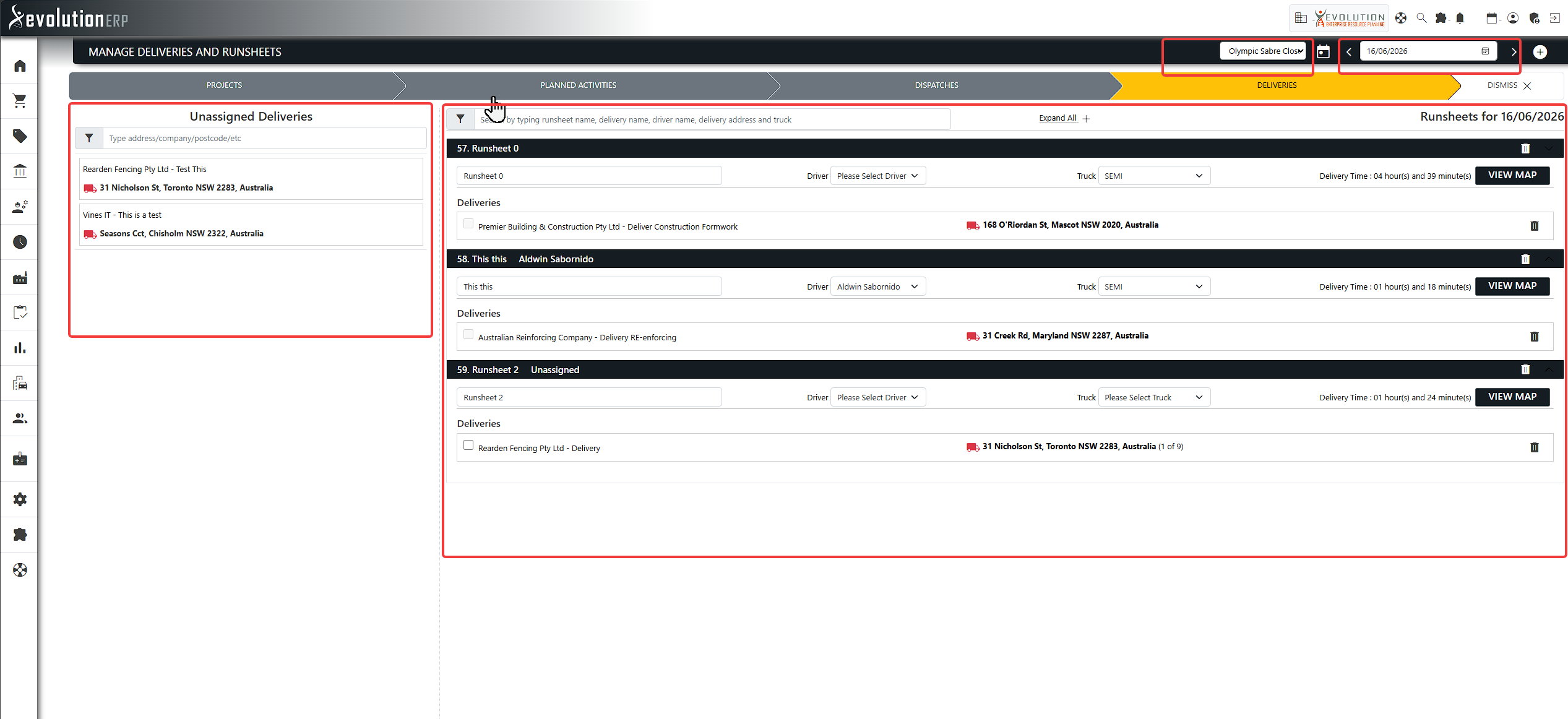 The Deliveries screen: branch and date selectors, unassigned deliveries, and runsheets.