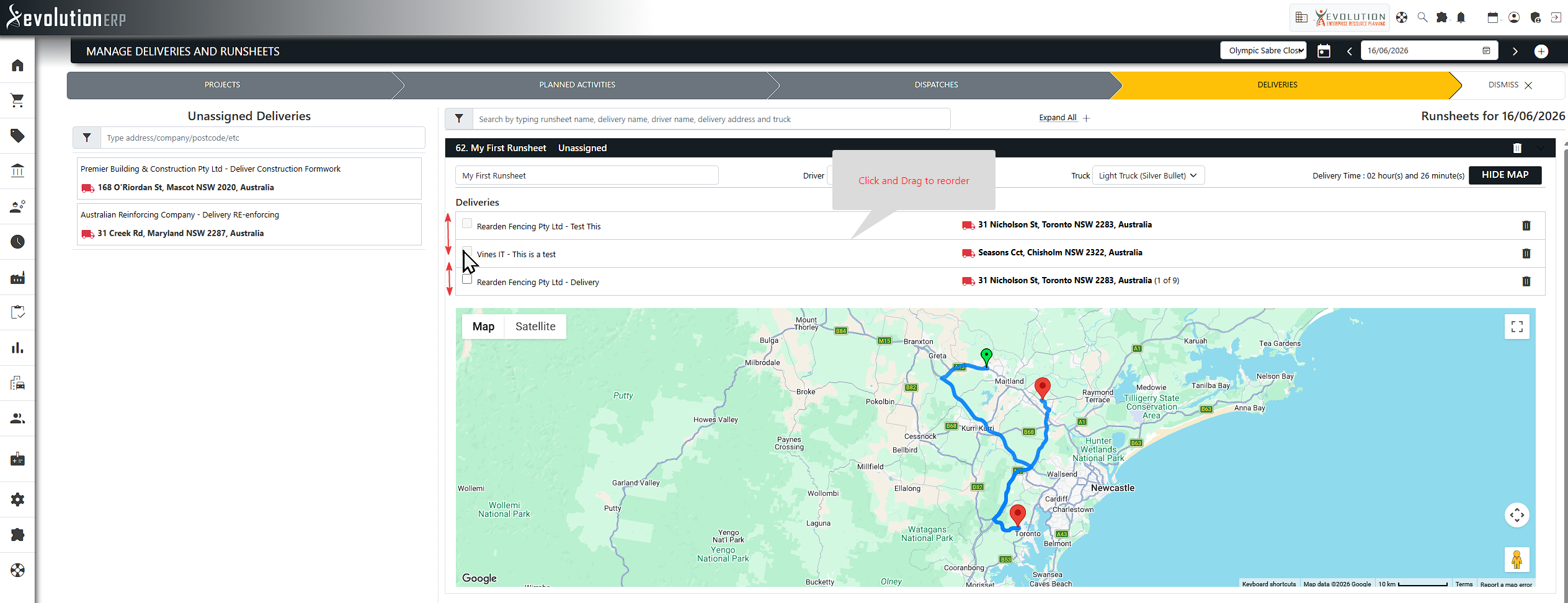 Reordering deliveries updates the route instantly.