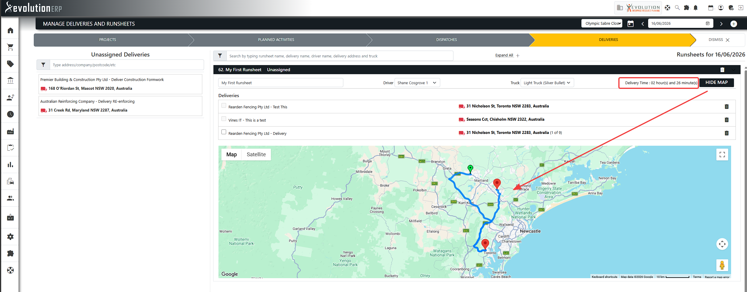 A mapped runsheet: green branch pins at the start and finish, with delivery stops in between.