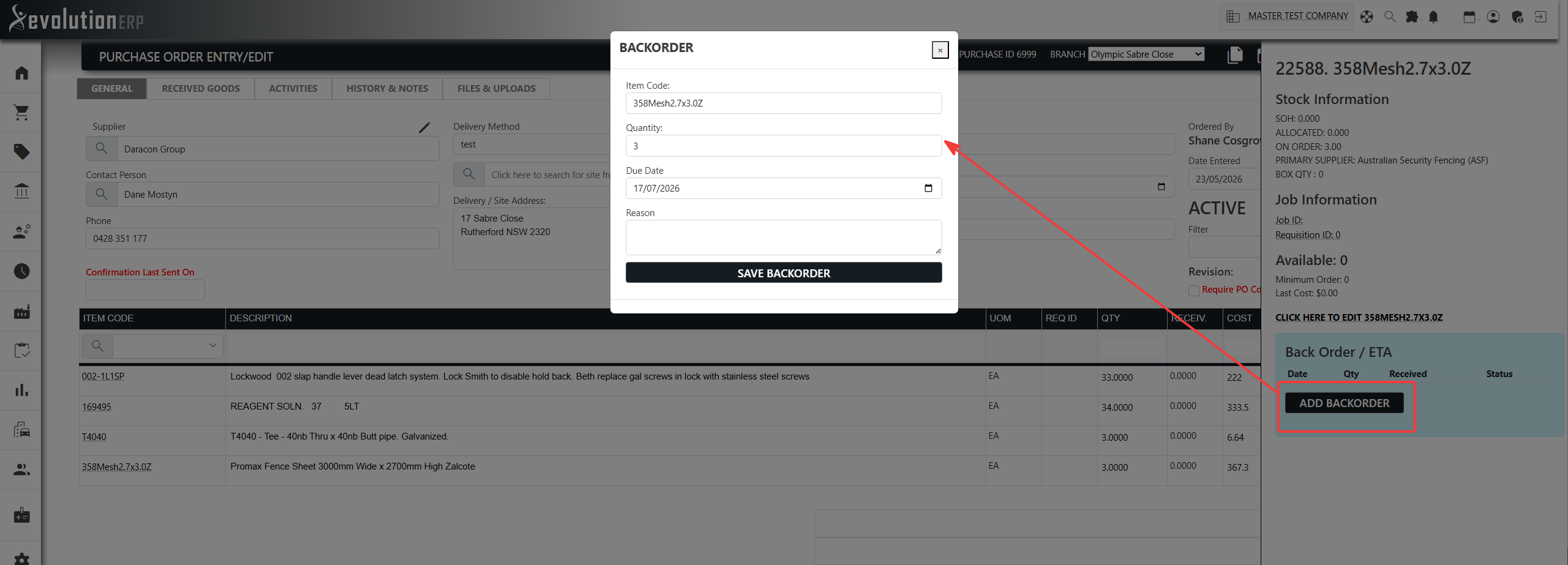 The Backorder window opened from a PO line: item code, outstanding quantity, Due Date (ETA) and reason.