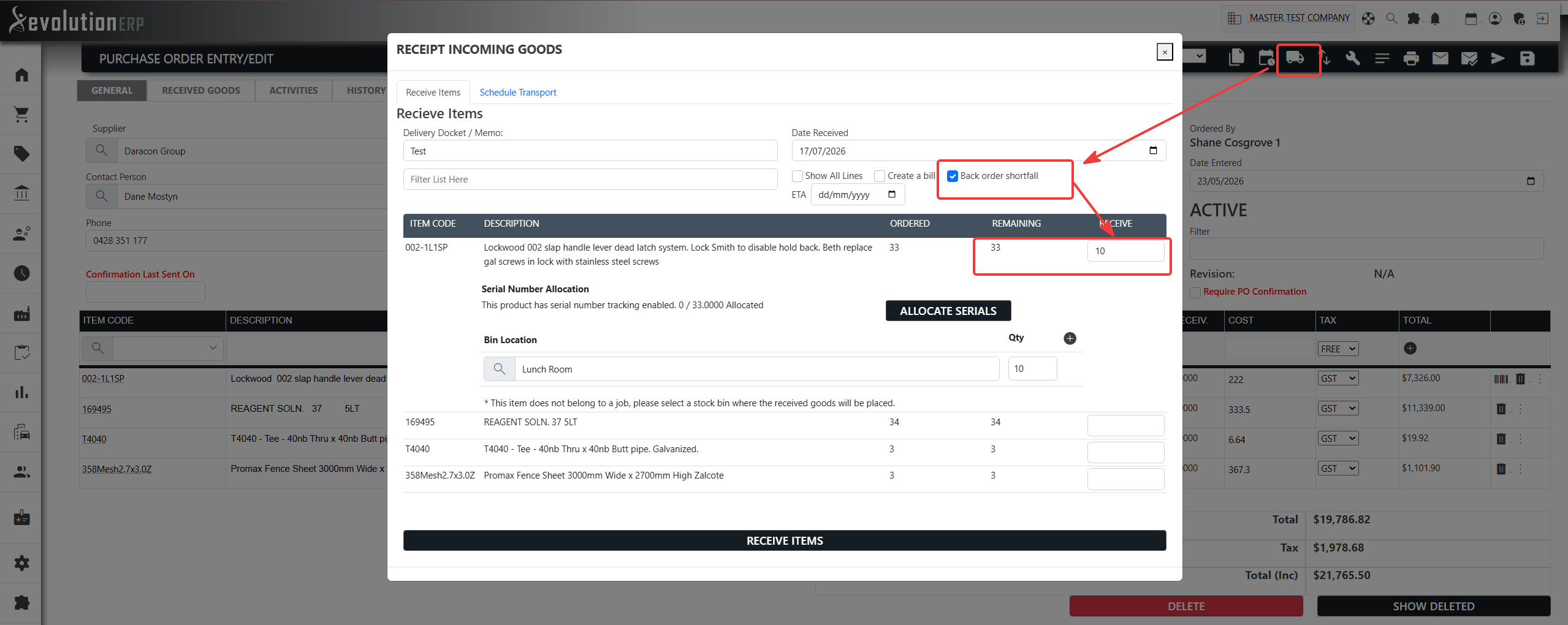 The Receive Items window: the "Back order shortfall" option and ETA date that auto-raise back orders for any outstanding quantity.