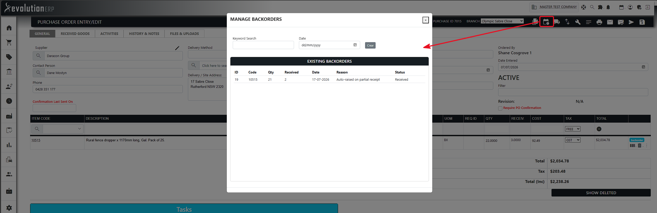 The Manage Backorders window: the existing back orders list and the inline edit form.