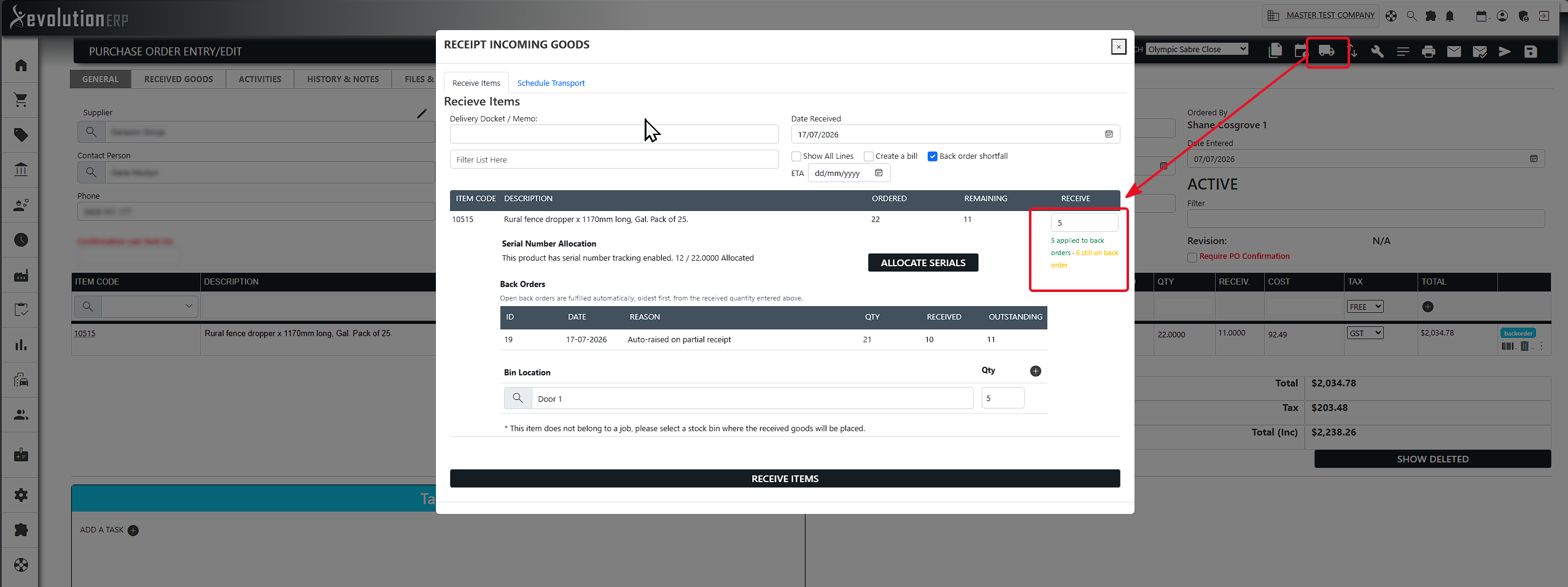 The Receive Items window: the single Receive box, the live "applied to back orders" note, and the read-only Back Orders sub-table showing what will be fulfilled.