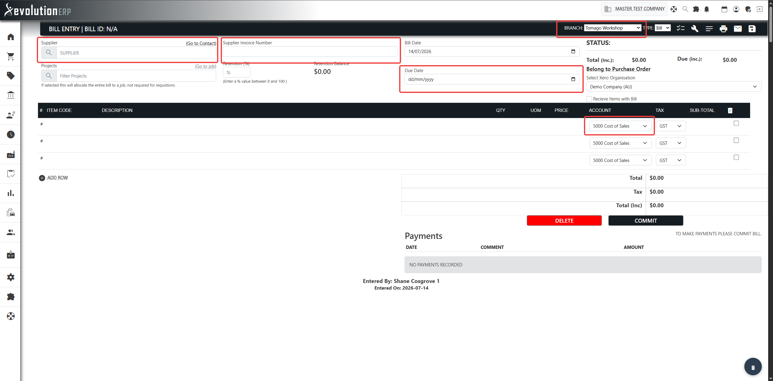 The Bill Entry screen: supplier and header details across the top, with the line items below.