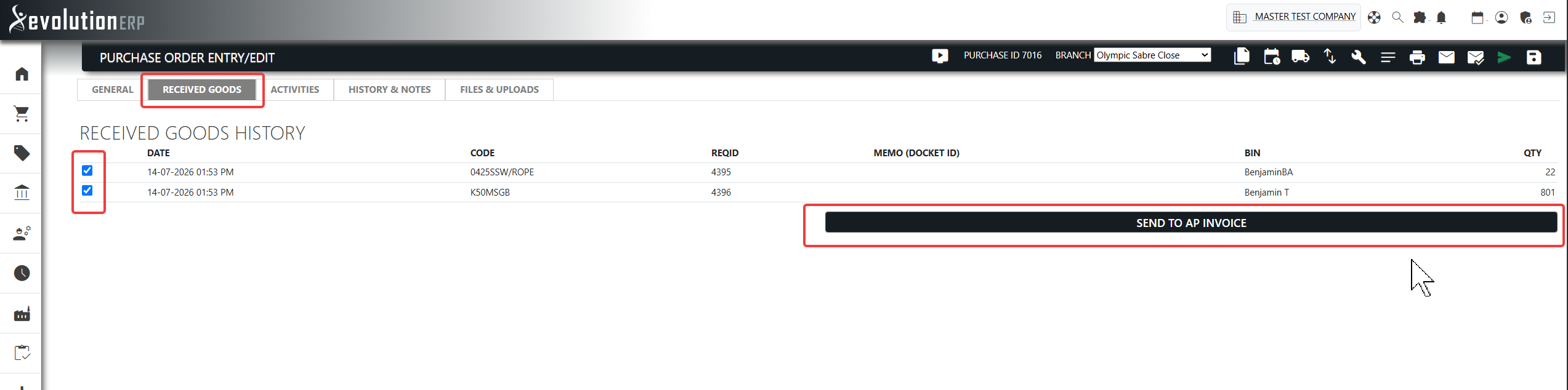 The Received Goods tab: the receipt history with a checkbox on each line and the Send to AP Invoice button.