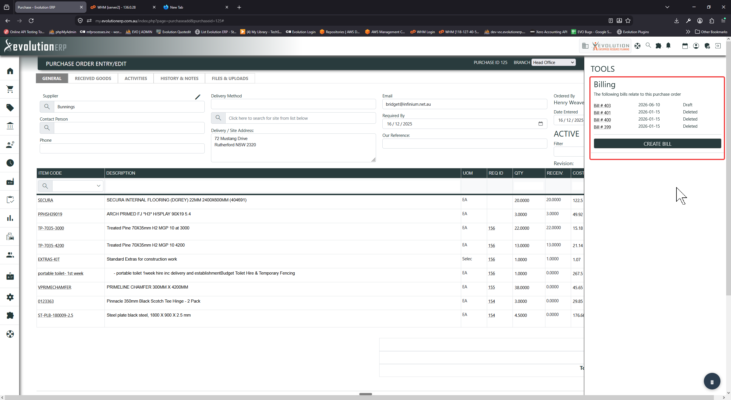 The Tools panel Billing section: the list of bills raised against this PO and the Create Bill button.