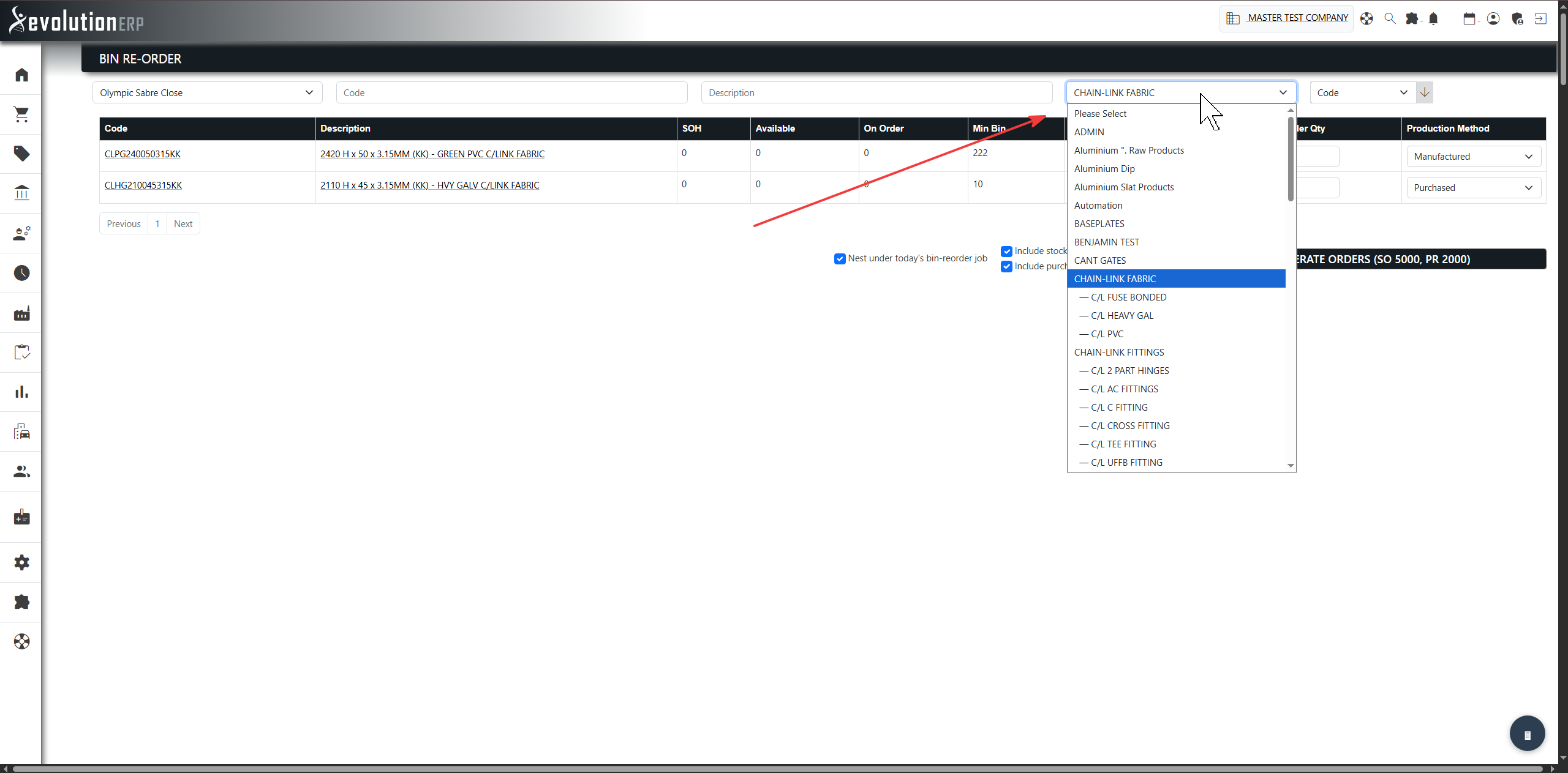 The category filter showing child categories indented beneath their parent.