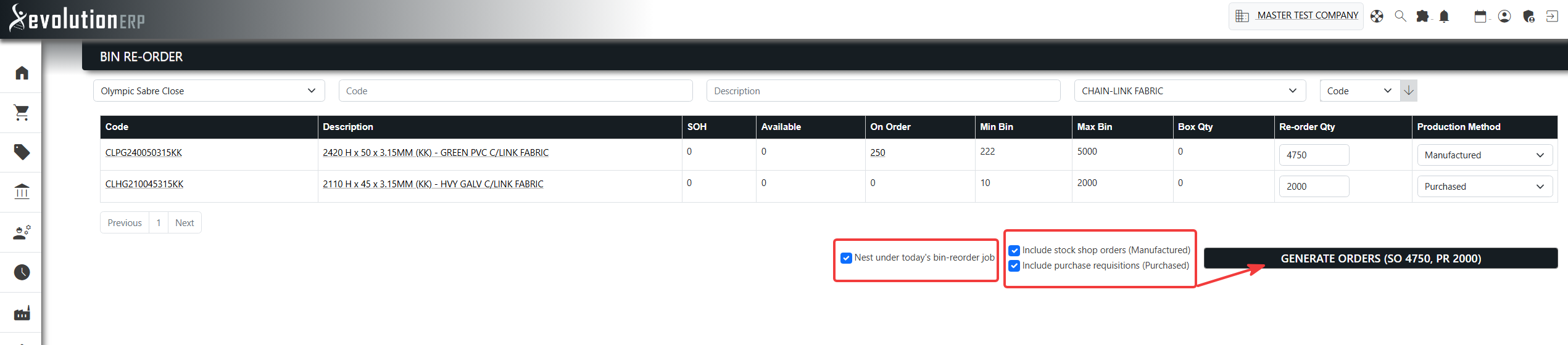 The Generate Orders button on the Bin Re-order tool