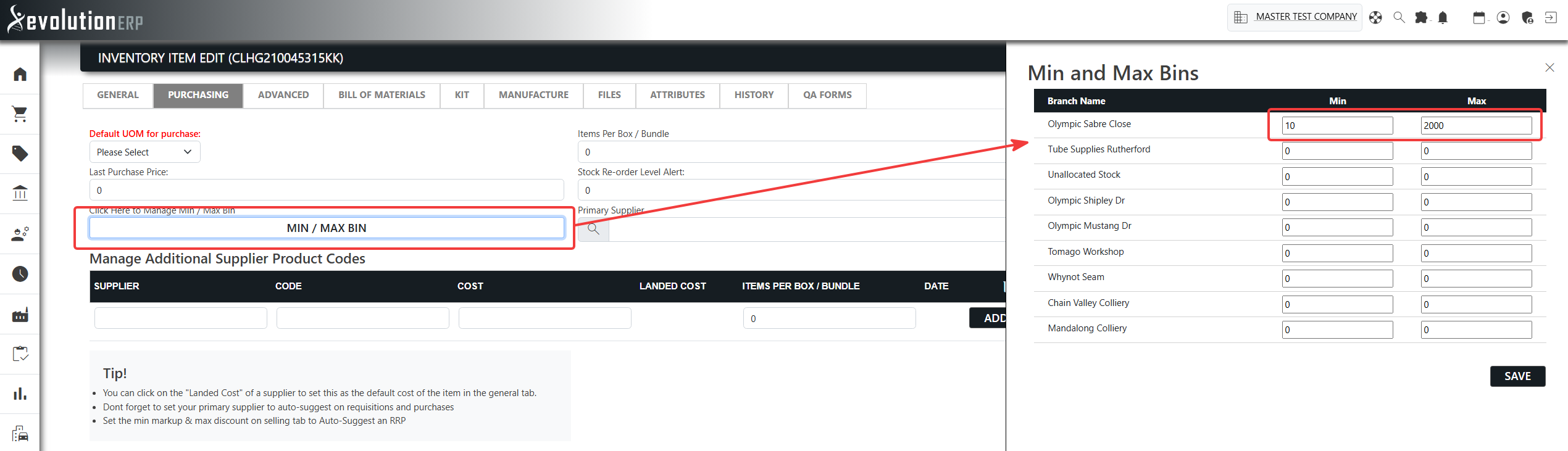 The Branch Min/Max popup on an item’s Purchasing tab, showing the Max-below-Min warning.