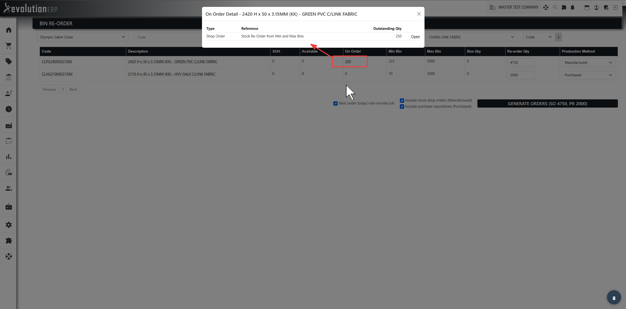 The On Order Detail window — order type, reference, outstanding quantity and an Open link per source.