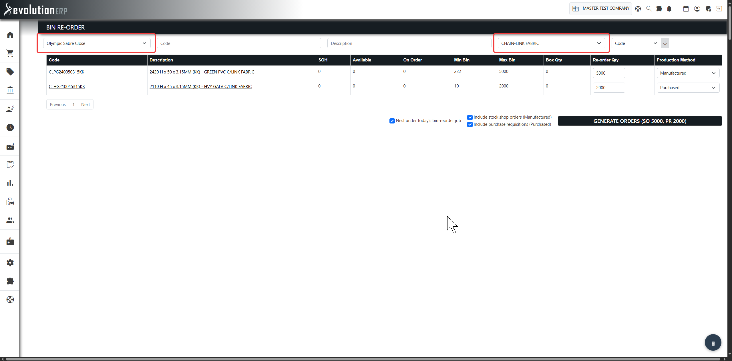The Bin Re-order screen (Purchasing → Bin Re-order): branch selector, filters and the item list.