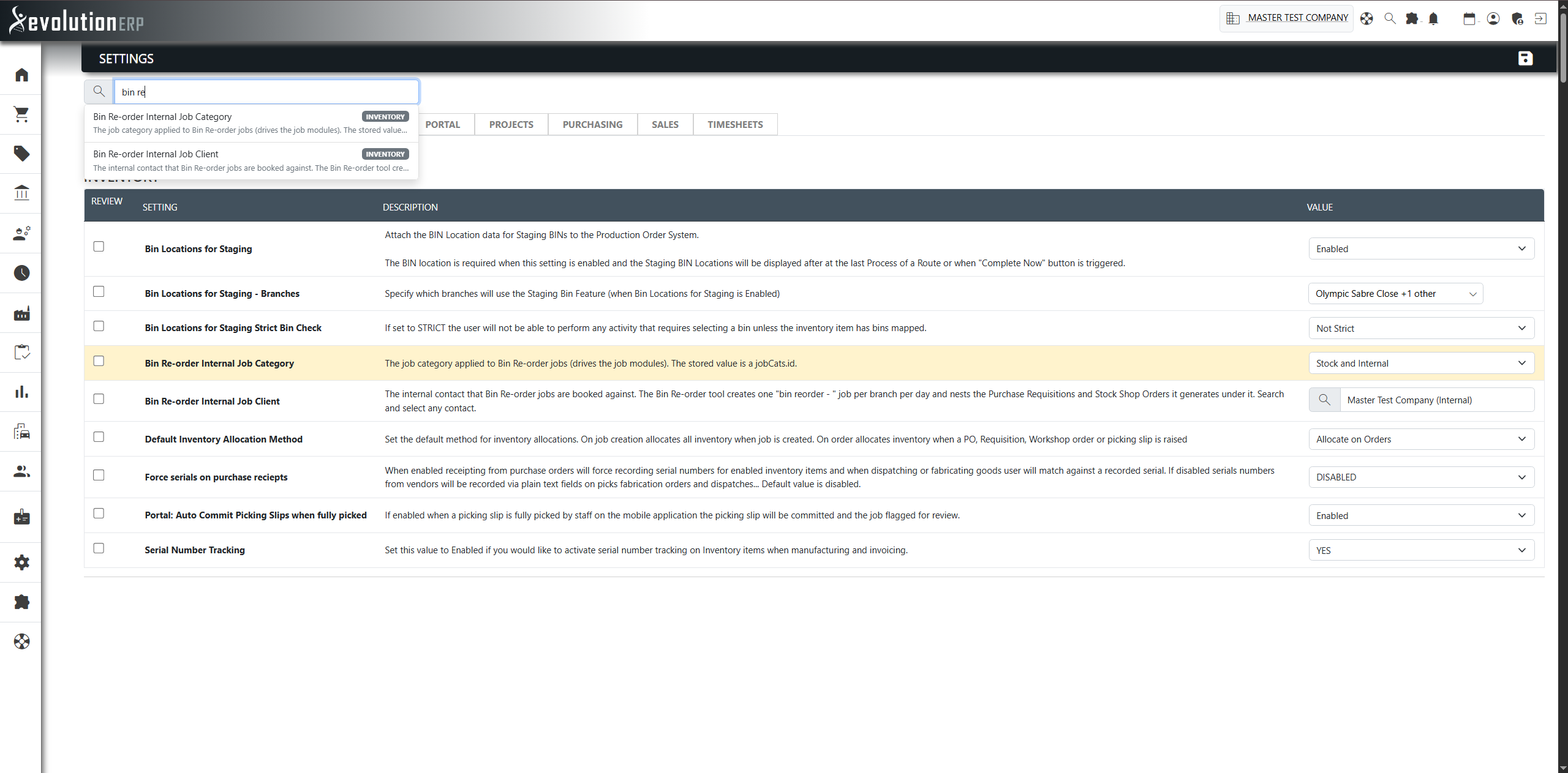 The two bin-reorder settings under Settings → Inventory: Bin Re-order Internal Project Account and Bin Re-order Internal Project Category.