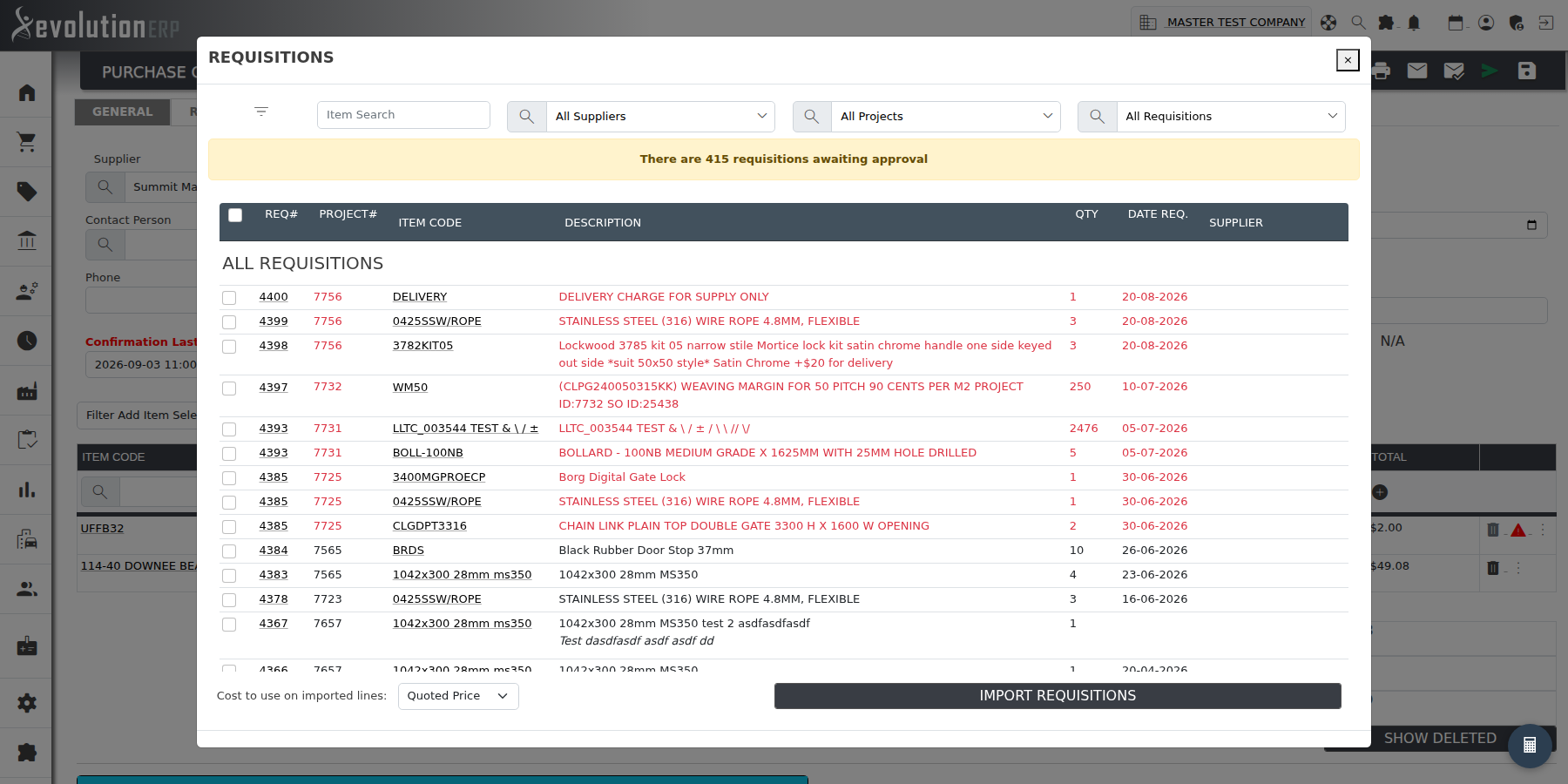 The Requisitions import window opened from a PO: tick the open requisition lines to bring onto this purchase order.