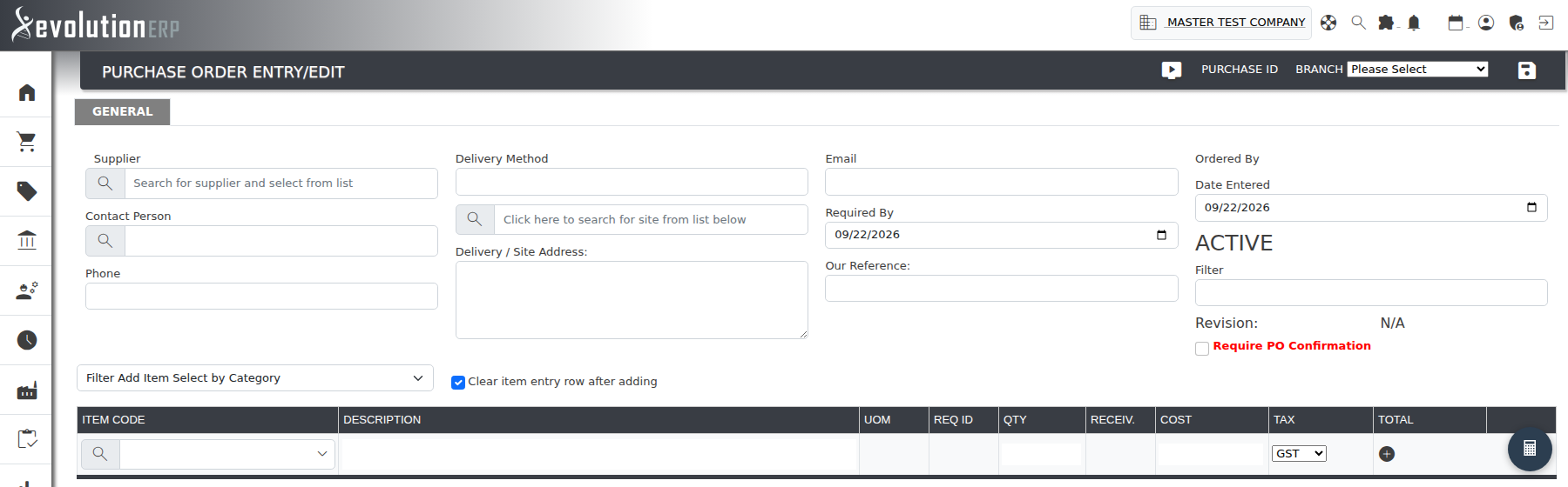 Selecting a supplier on the Purchase Order screen