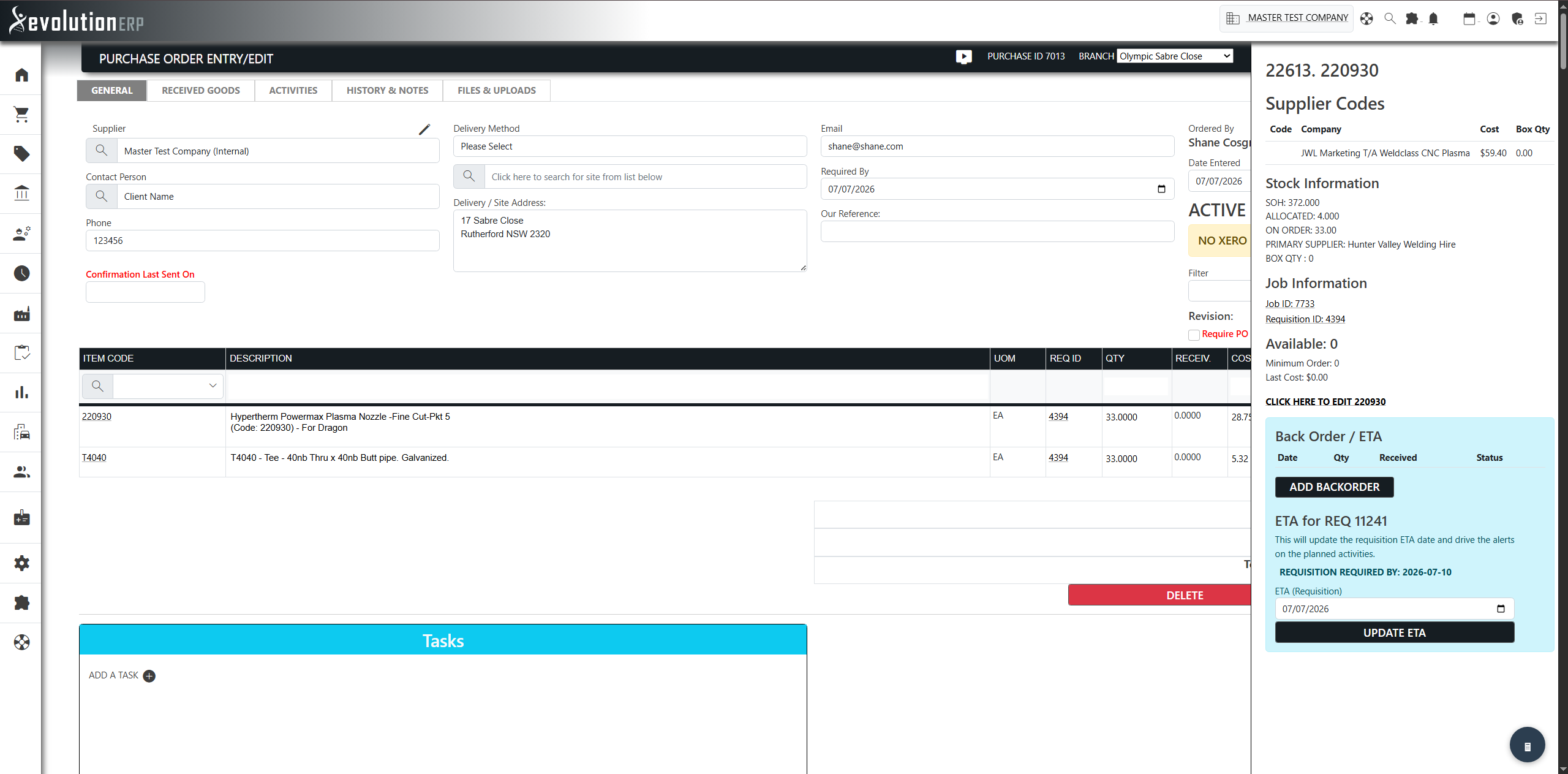 A PO line’s three-dot menu shows available stock and which project/requisition the line came from, with a link back to the project.