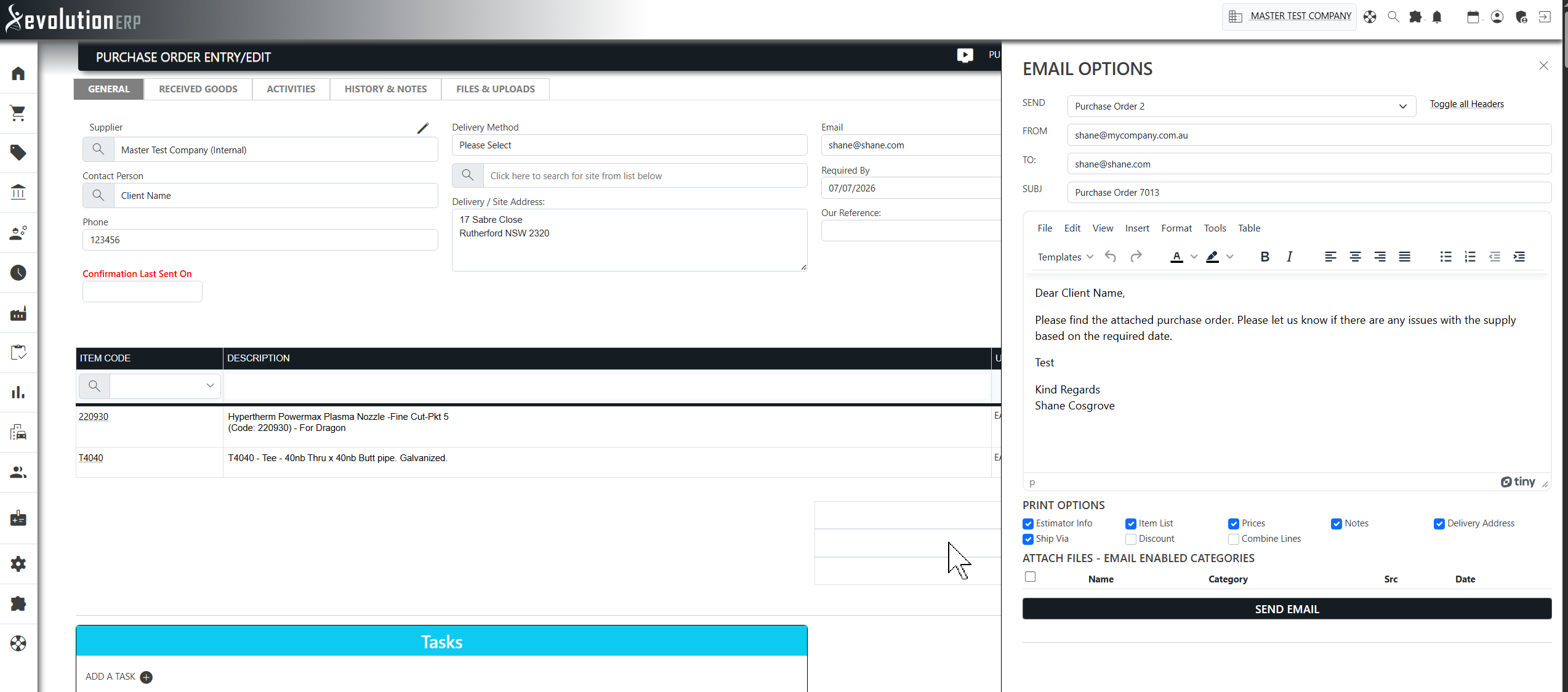 Printing or emailing a purchase order