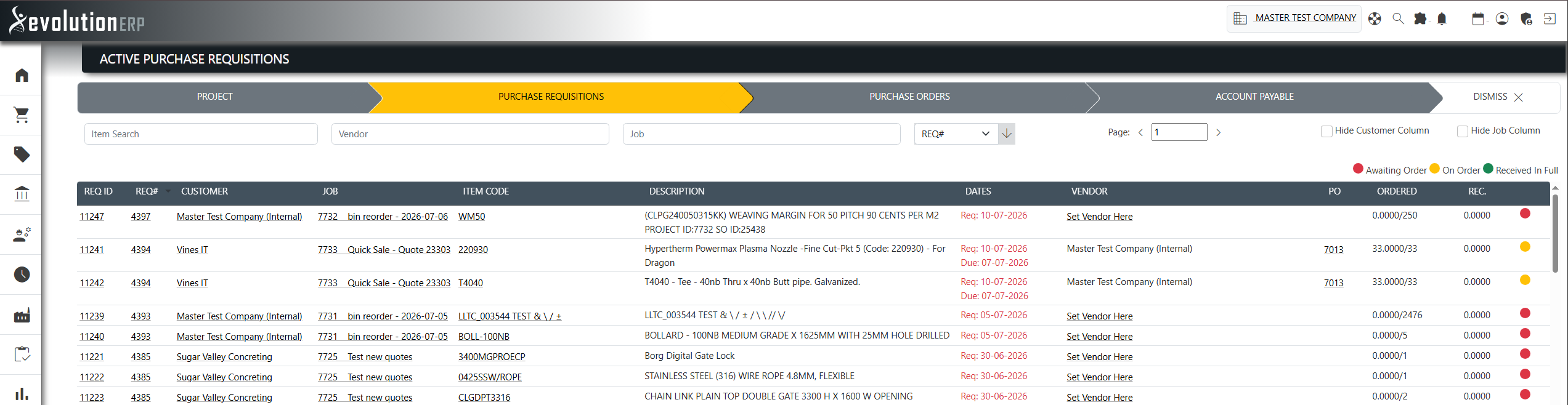 The Requisition Register (Active Purchase Requisitions): status dots, the PO column create-icon, and item/vendor/project filters.