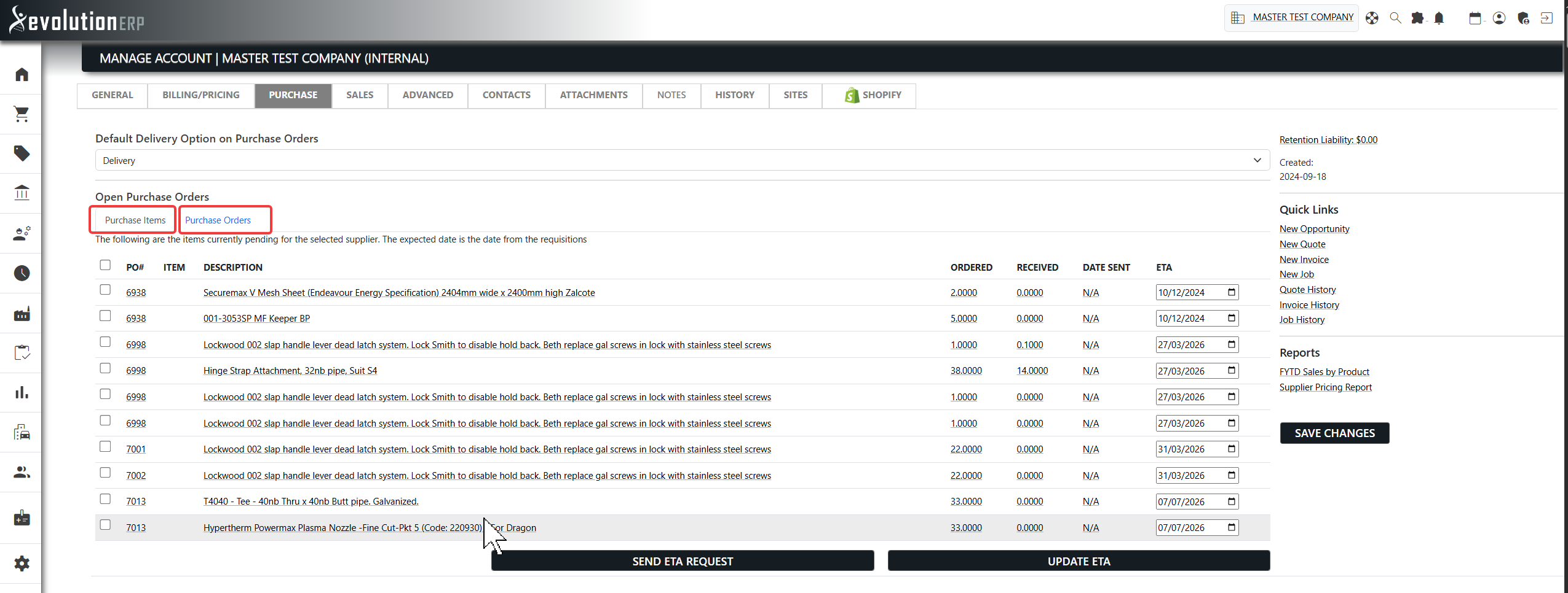 A supplier account's Purchase tab: the Purchase Items and Purchase Orders sub-tabs, editable ETA dates, and the Update ETA / Send ETA Request actions.