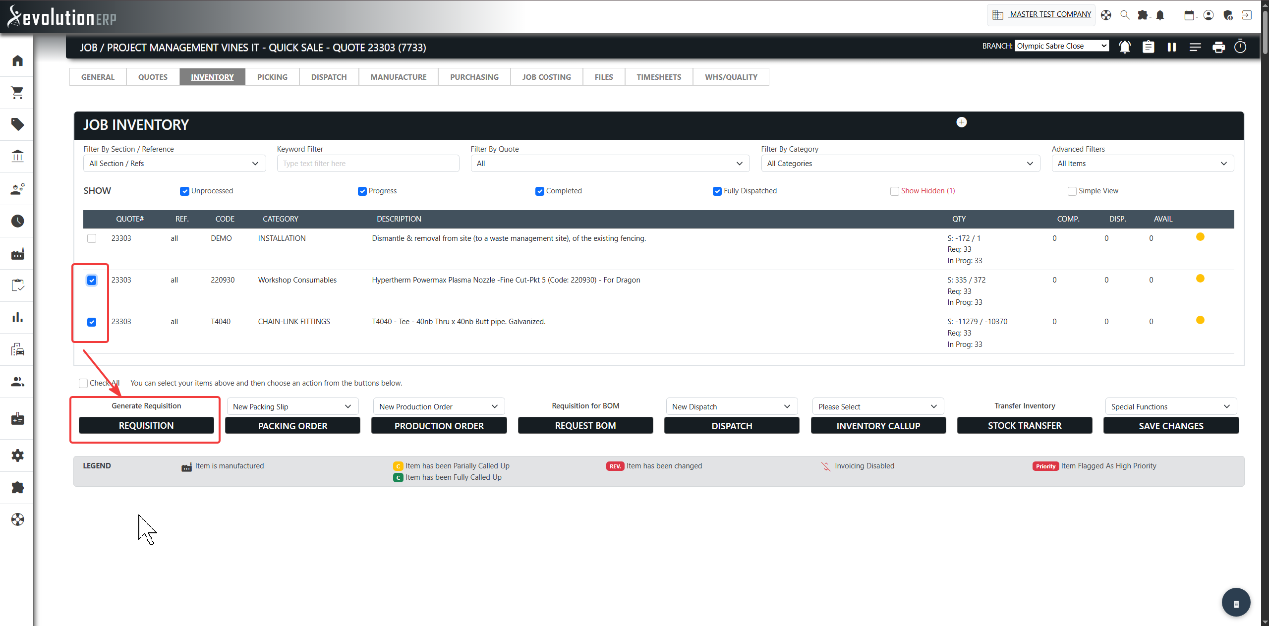 The project Inventory tab: available vs. stock on hand for each item — tick the ones to order, then click Requisition.