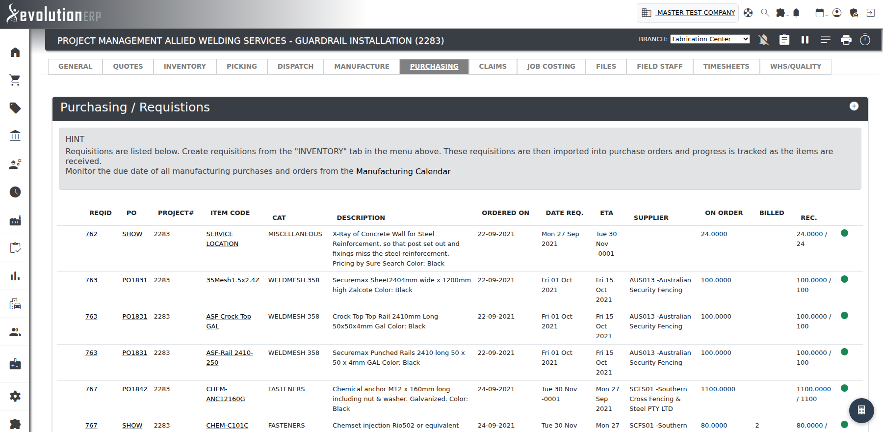 The project Purchasing tab (Purchasing / Requisitions): each requisitioned item with its requisition ID, PO, dates, supplier, on-order, billed and received status, plus a colour-coded status dot.