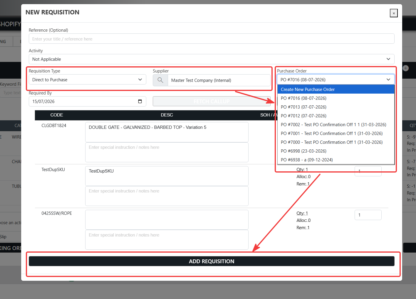 Direct to Purchase: after choosing the type, pick a supplier and then either create a new purchase order or add the items to one of the supplier's open POs.