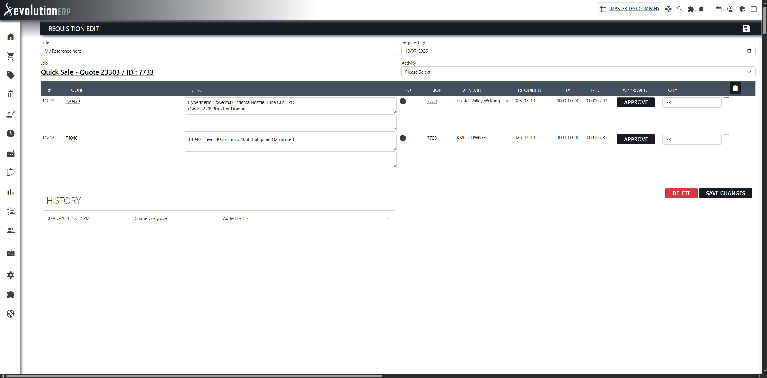 The Requisition Edit screen — all items on the requisition, linked back to the project, with PO, vendor, dates and received status per line.