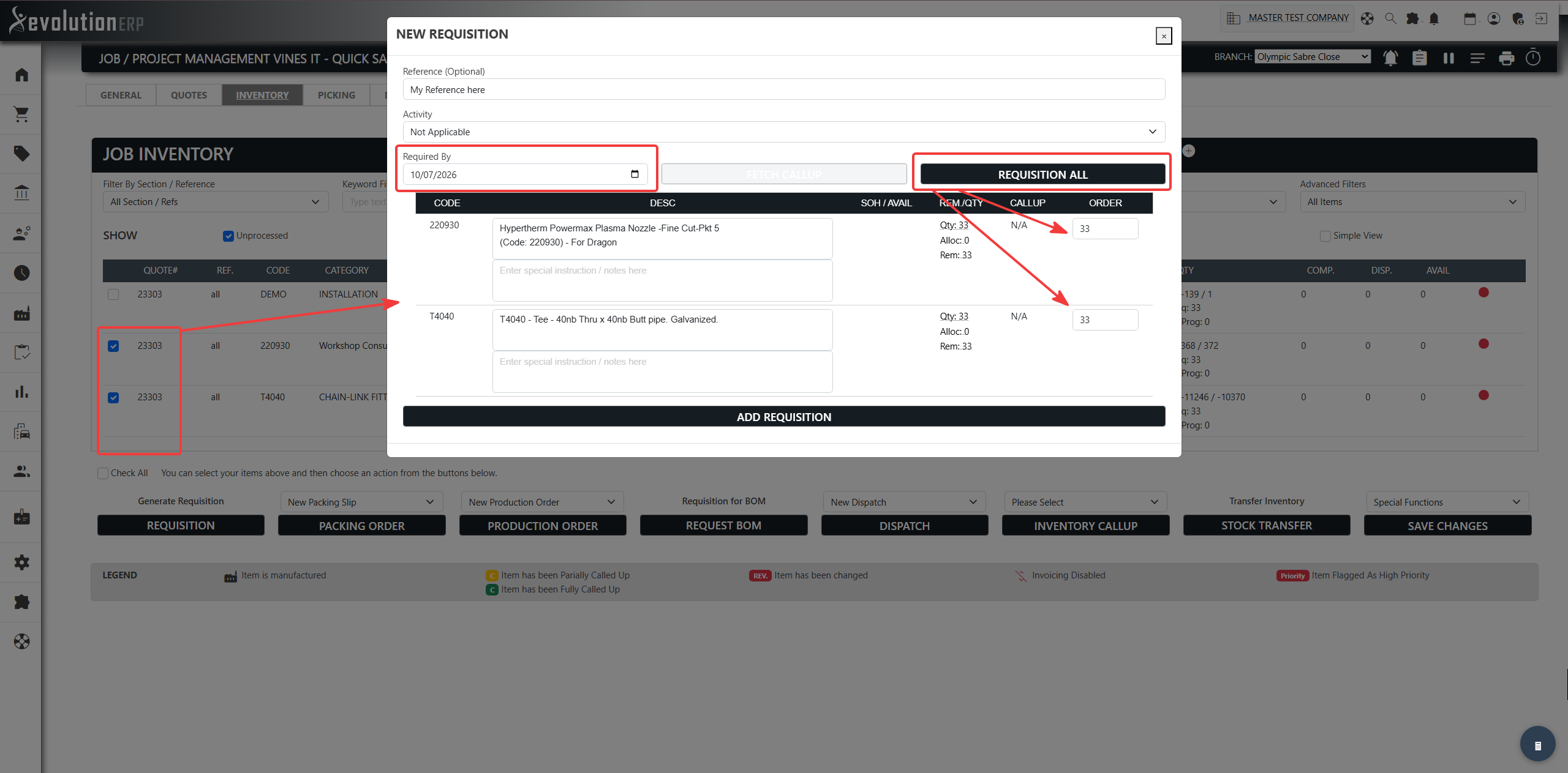 The requisition window: Reference, Activity and Required By at the top; a quantity per line, or use Requisition All to fill them in one go.