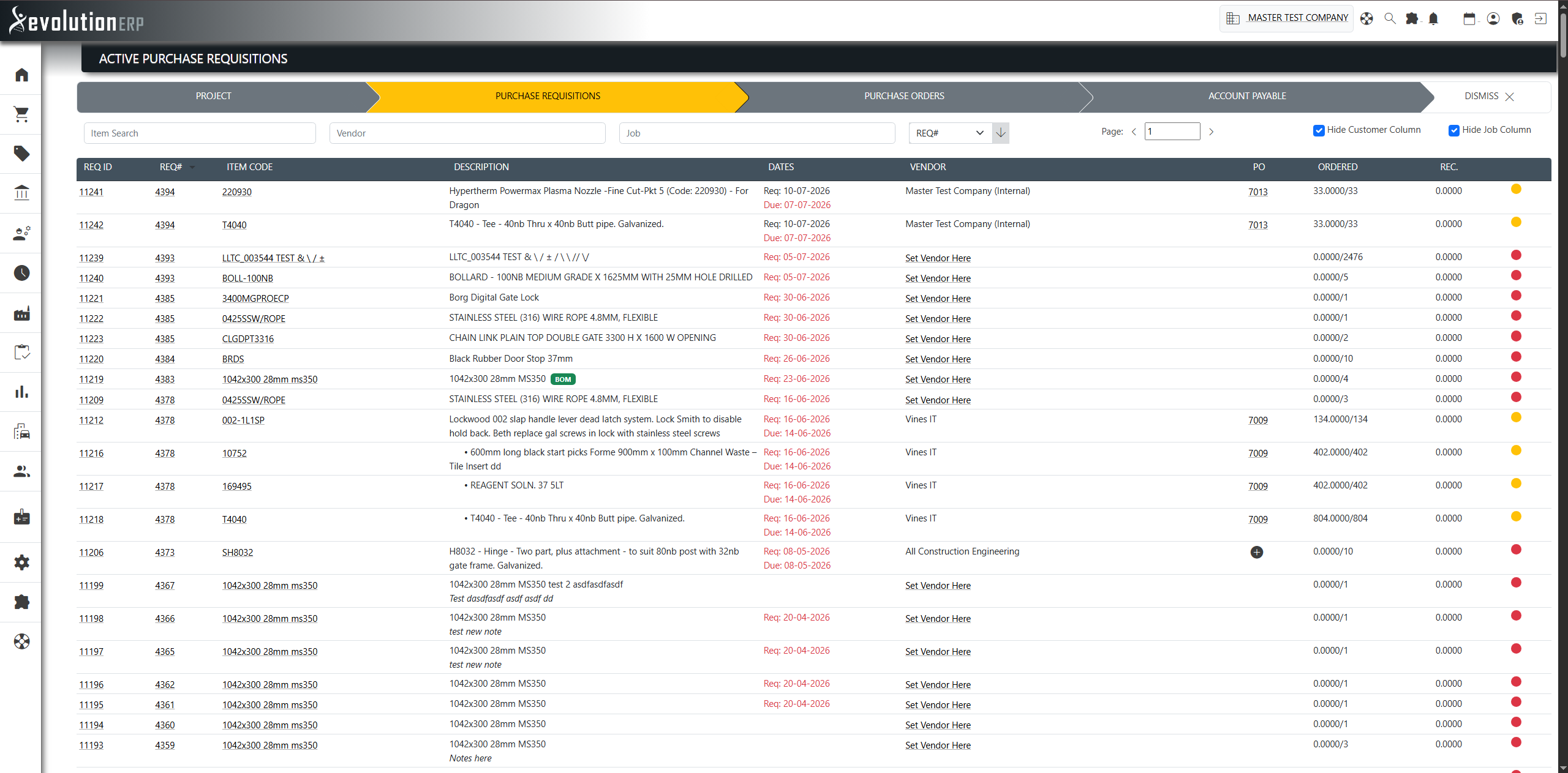 Purchasing → Requisitions: the register of all active requisitions, with PO and ordered/received status.