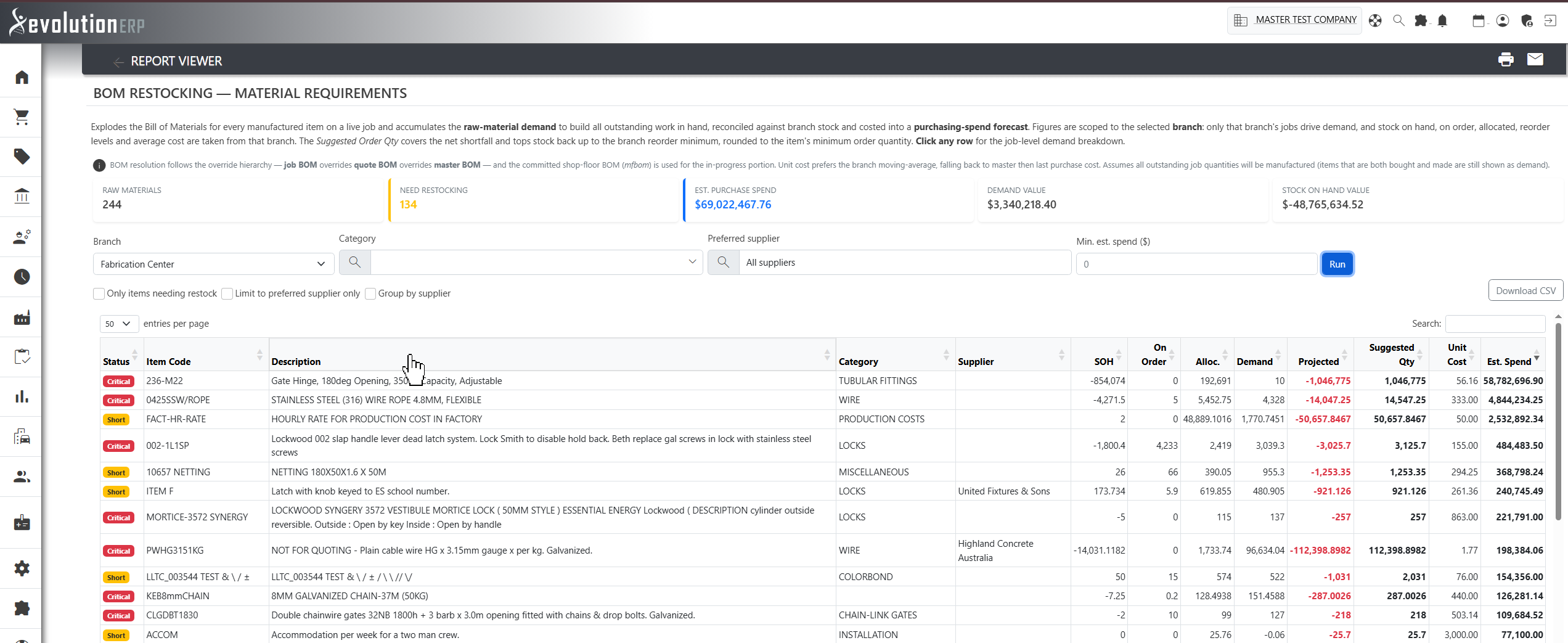 BOM Restocking — component requirements exploded from active projects, netted against stock on hand.