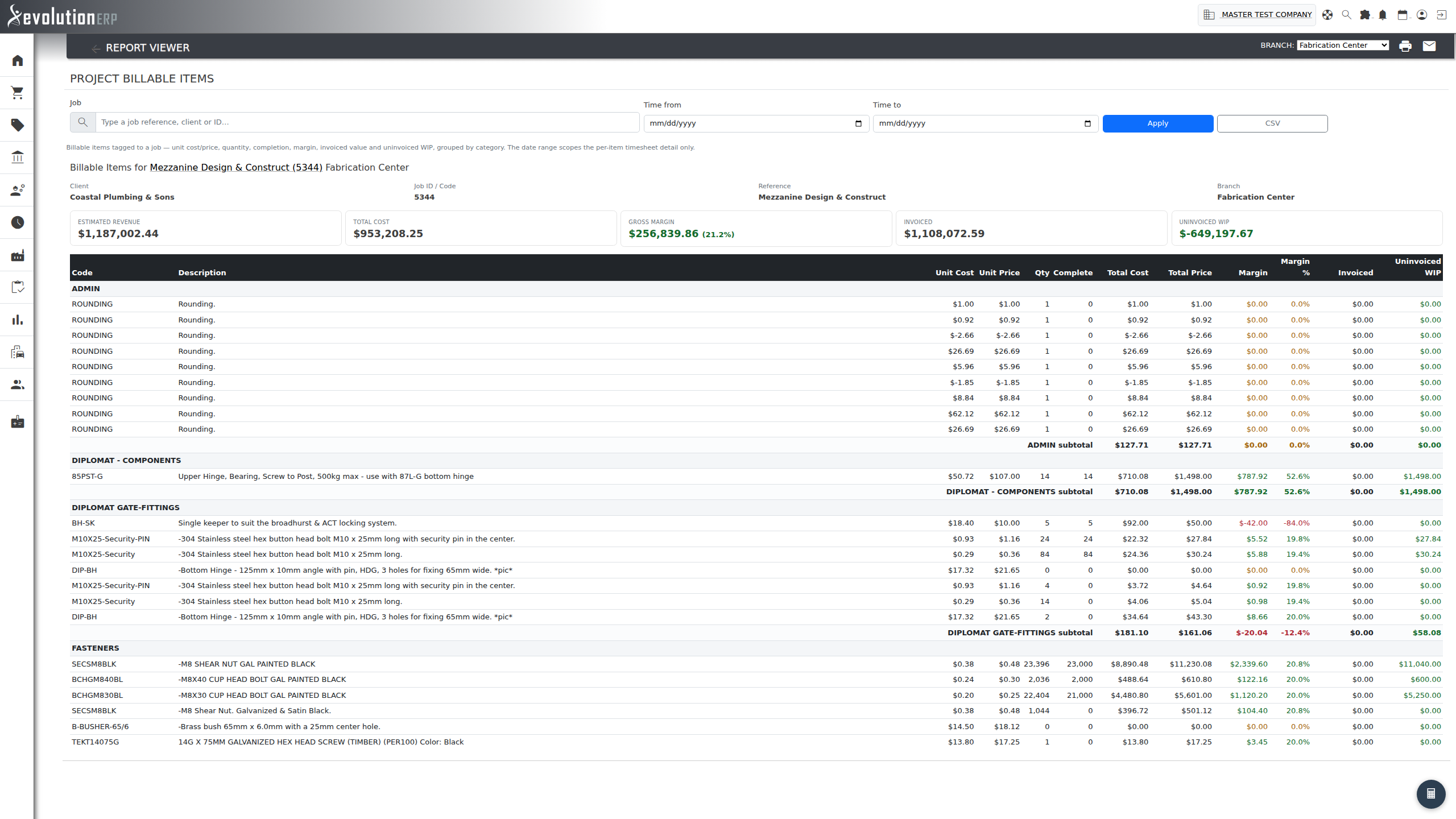 Project Billable Items — per-item billing breakdown for a project, grouped by category with margin and uninvoiced WIP.