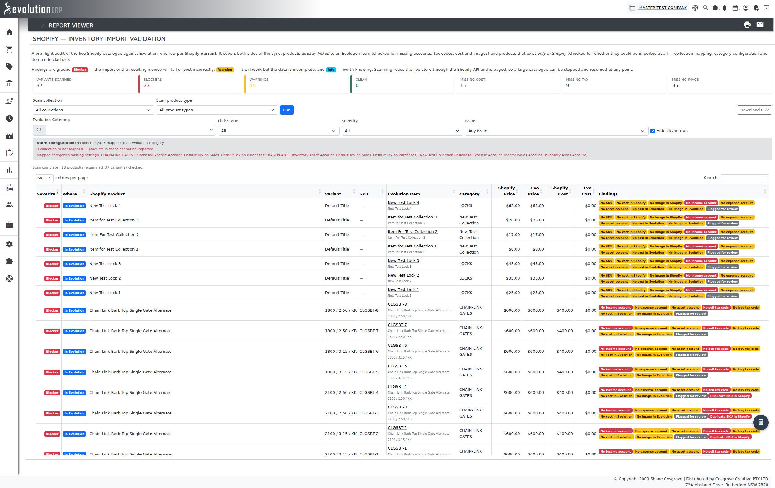 Inventory Import Validation — variant-by-variant audit of the live Shopify catalogue, graded blocker / warning / info.