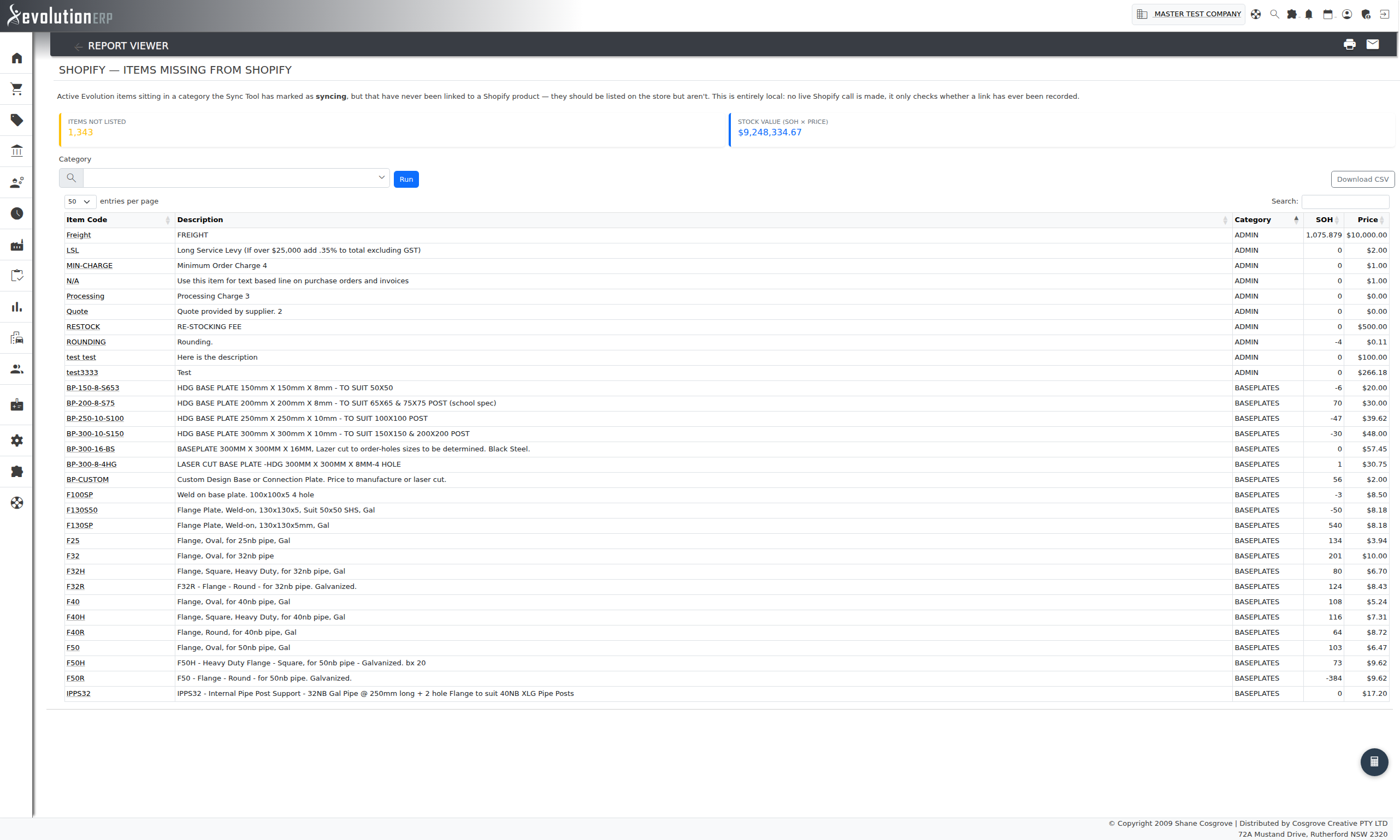 Items Missing from Shopify — active items in a syncing category with no recorded Shopify link.