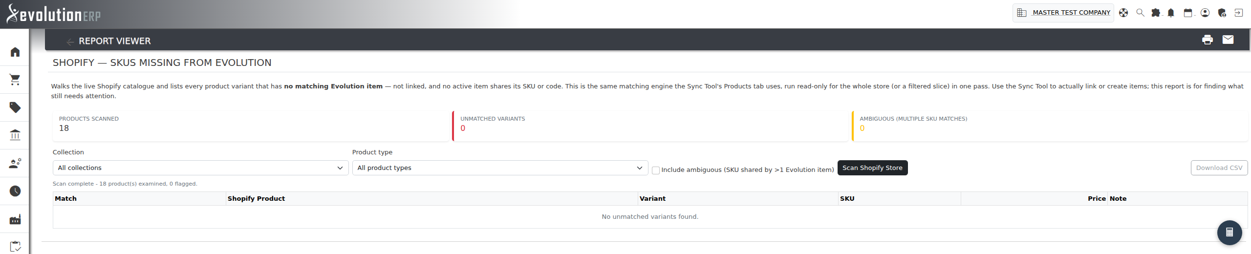 SKUs Missing from Evolution — live scan of the Shopify catalogue for products/variants with no Evolution match.