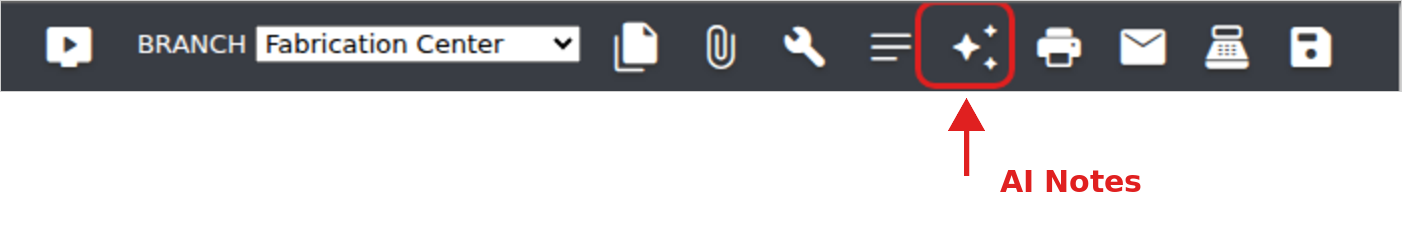 The AI Notes icon in the quote editor's action-icon row.