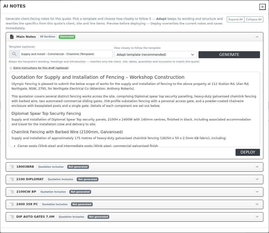 The AI Notes window: one card per scope (Main Notes plus each section). Here Main Notes has been generated in Adapt mode from a saved quote template, and the draft has picked up the customer, contact and site address from the quote.
