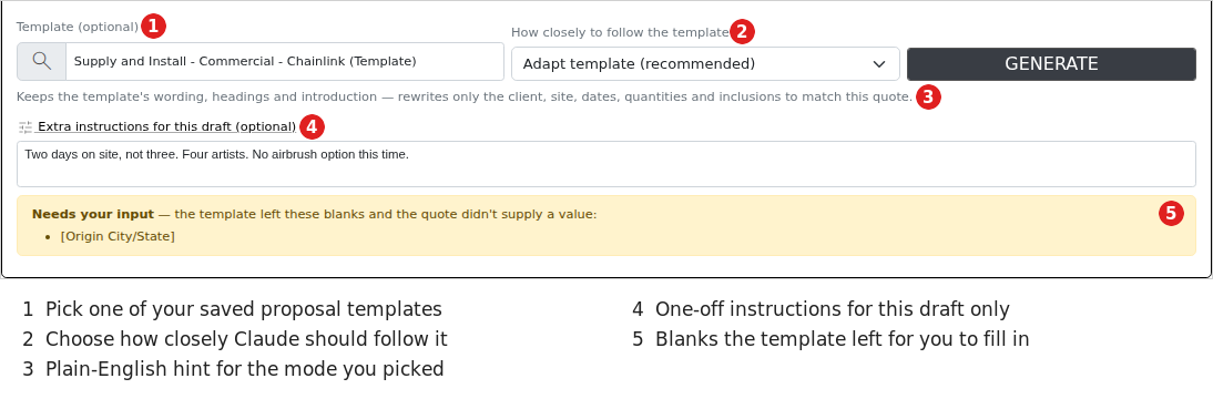 The template picker, Mode dropdown, mode hint, Extra instructions box and placeholder warning.