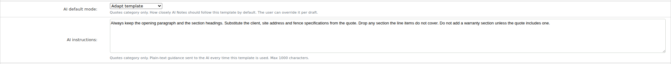 The AI default mode and AI instructions fields, below the template body on a Quotes-category message template.