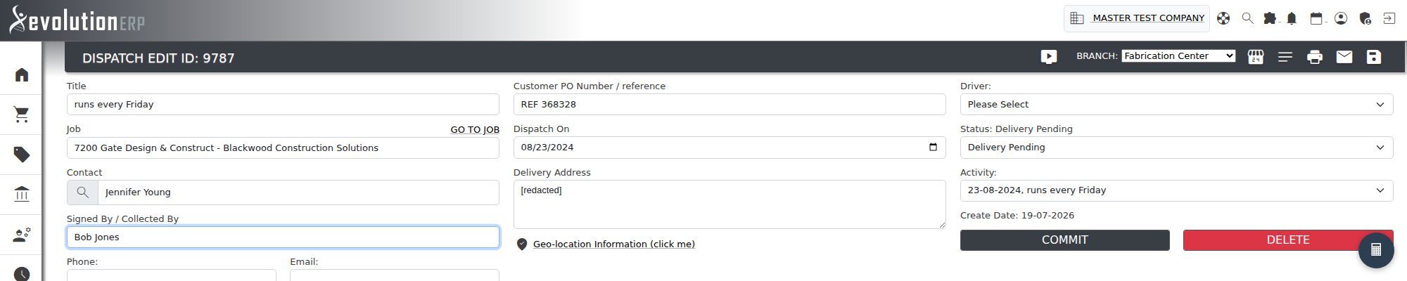 The Signed By / Collected By box on the dispatch screen, under the delivery contact.