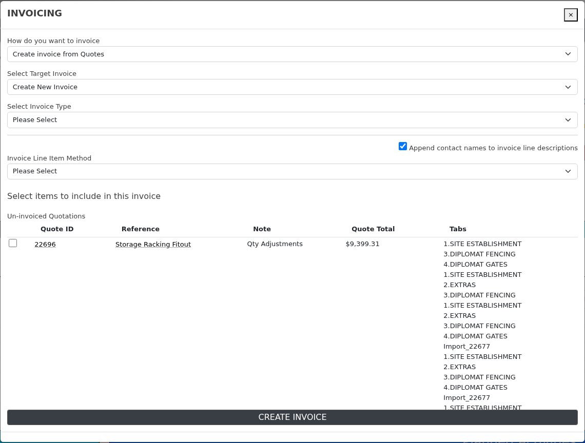 The Append contact names tick box in the Create Invoice window, ticked by default.