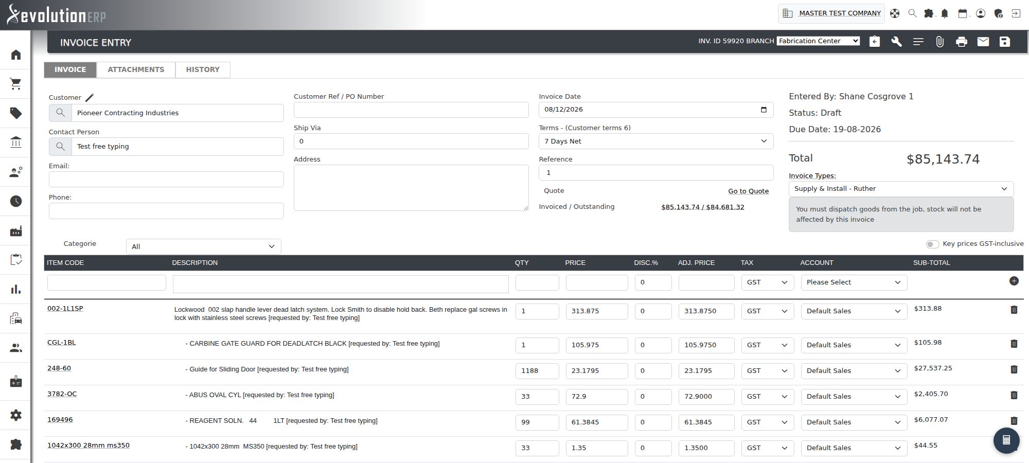 A draft invoice raised from a project, with the requester tagged on the end of every line description.