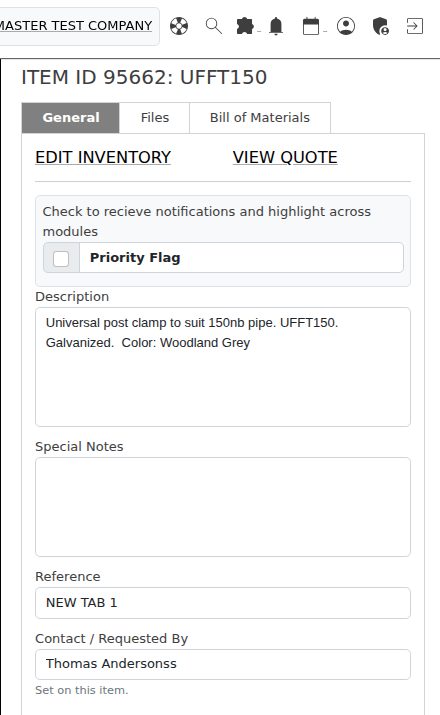 The Contact / Requested By box on the project inventory item window. The note underneath says whether the name is set on this item or inherited from the quote.