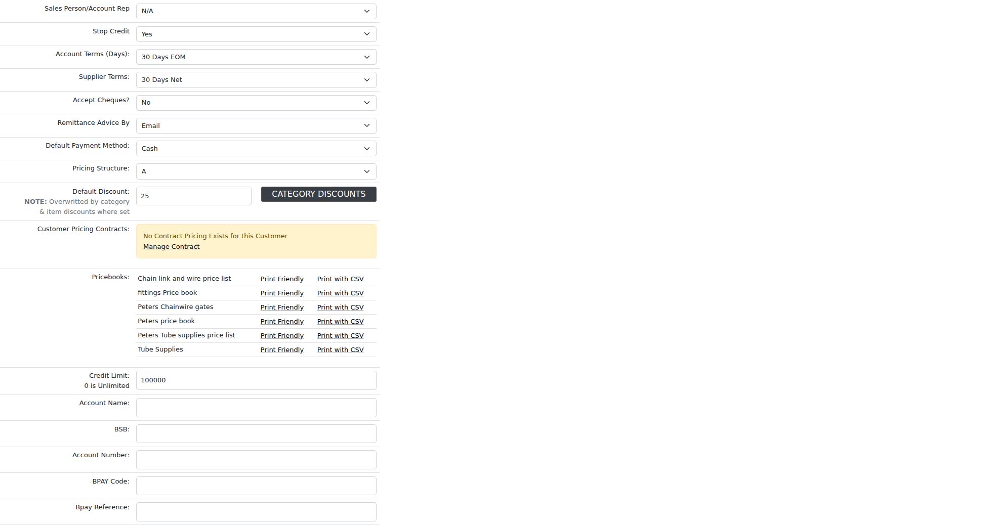 The account’s Billing/Pricing tab. Stop Credit is a Yes/No dropdown near the top; Credit Limit is a dollar amount further down, labelled “0 is Unlimited”.