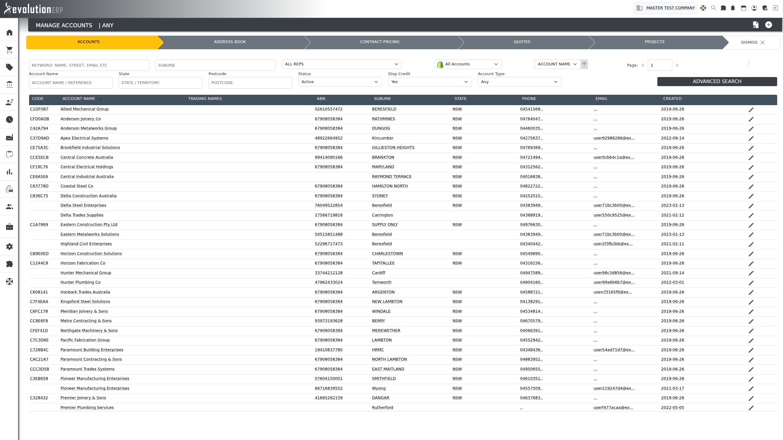 Manage Accounts with the advanced filters open and Stop Credit set to “Yes” — the register now lists only accounts that are on stop credit.