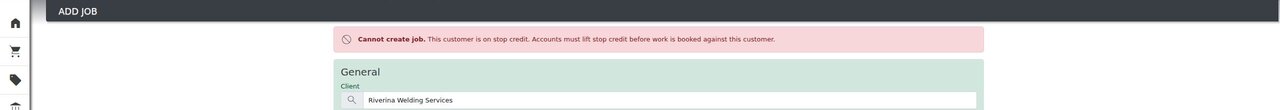 The New Project screen for a stop-credit customer: a red banner across the top explains why the project cannot be created.