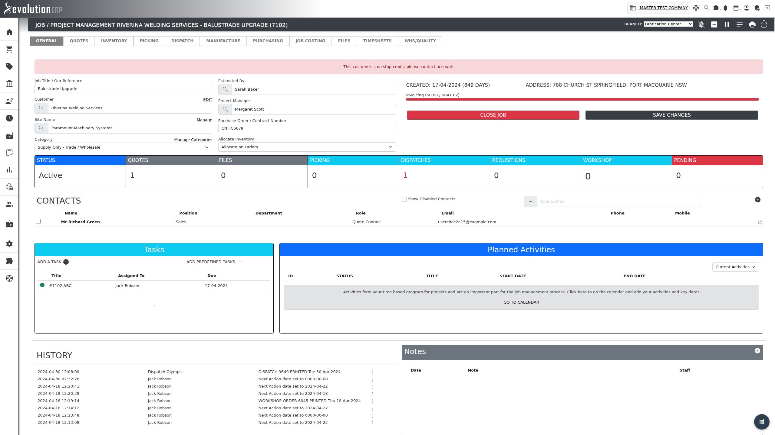 The stop-credit banner across the top of a project’s General tab.