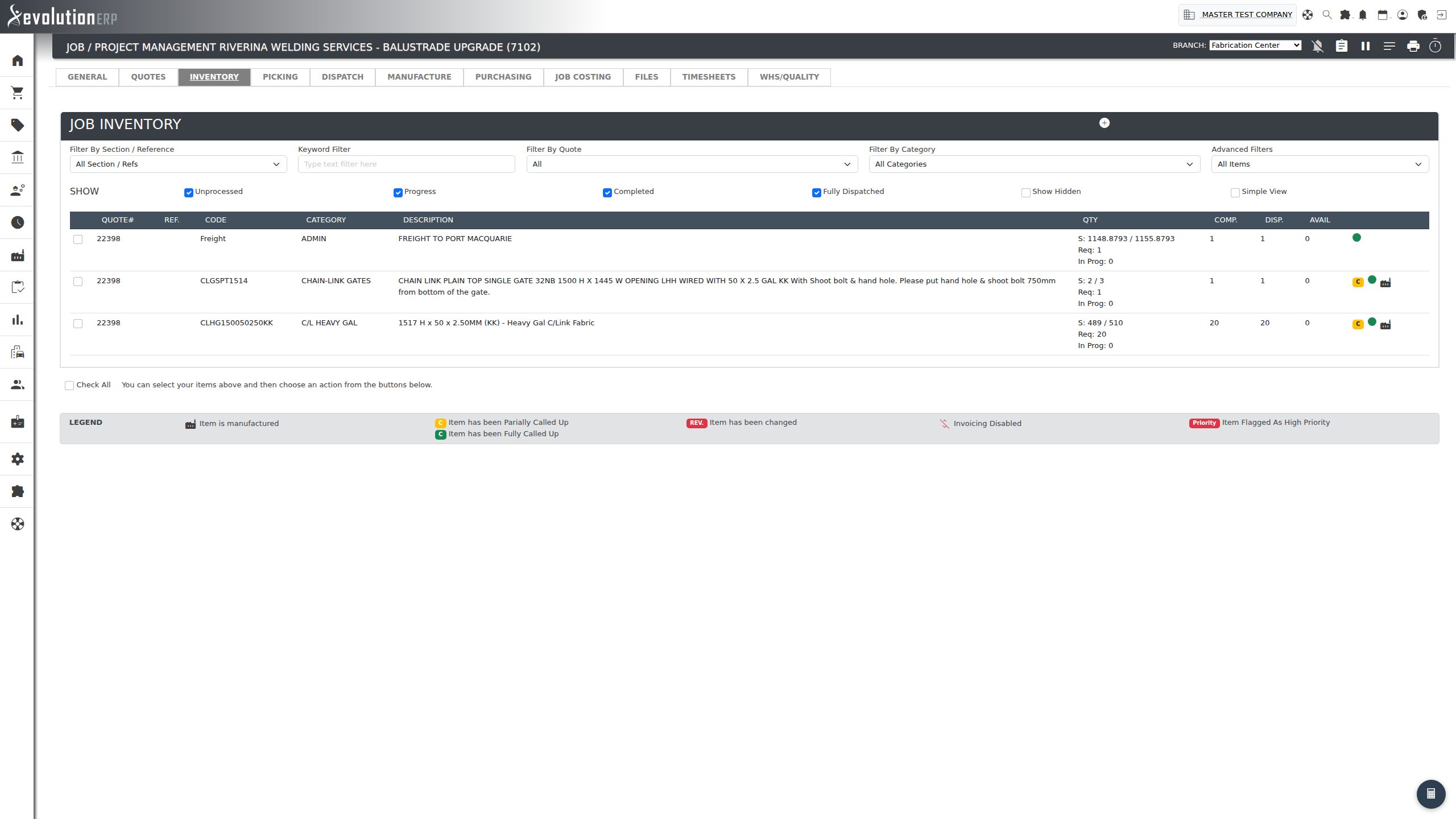 The Inventory tab on a stop-credit customer’s project — the item list and legend remain, but the whole action bar is gone.